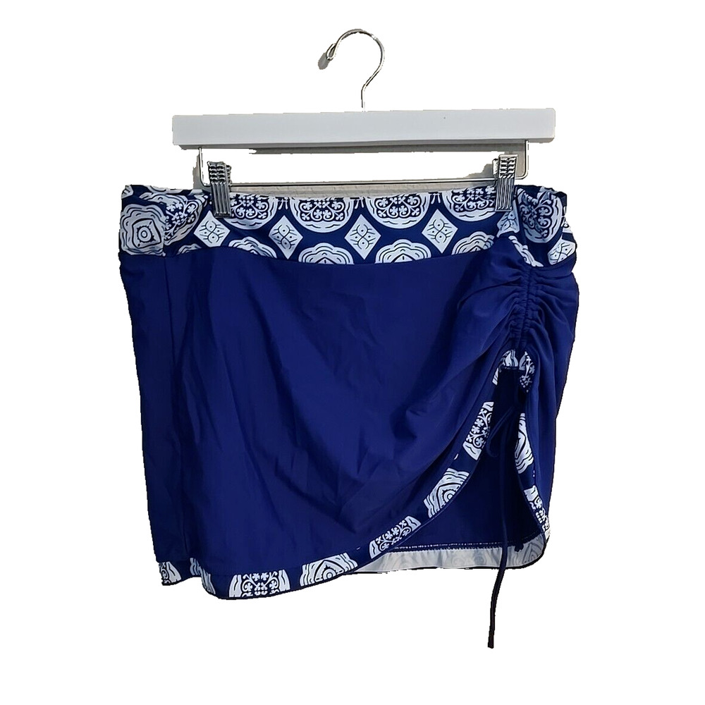 Womans Blue Medallion Print Trim Ruched Beach Summer Swim Skirt Swimwear Sz 2XL